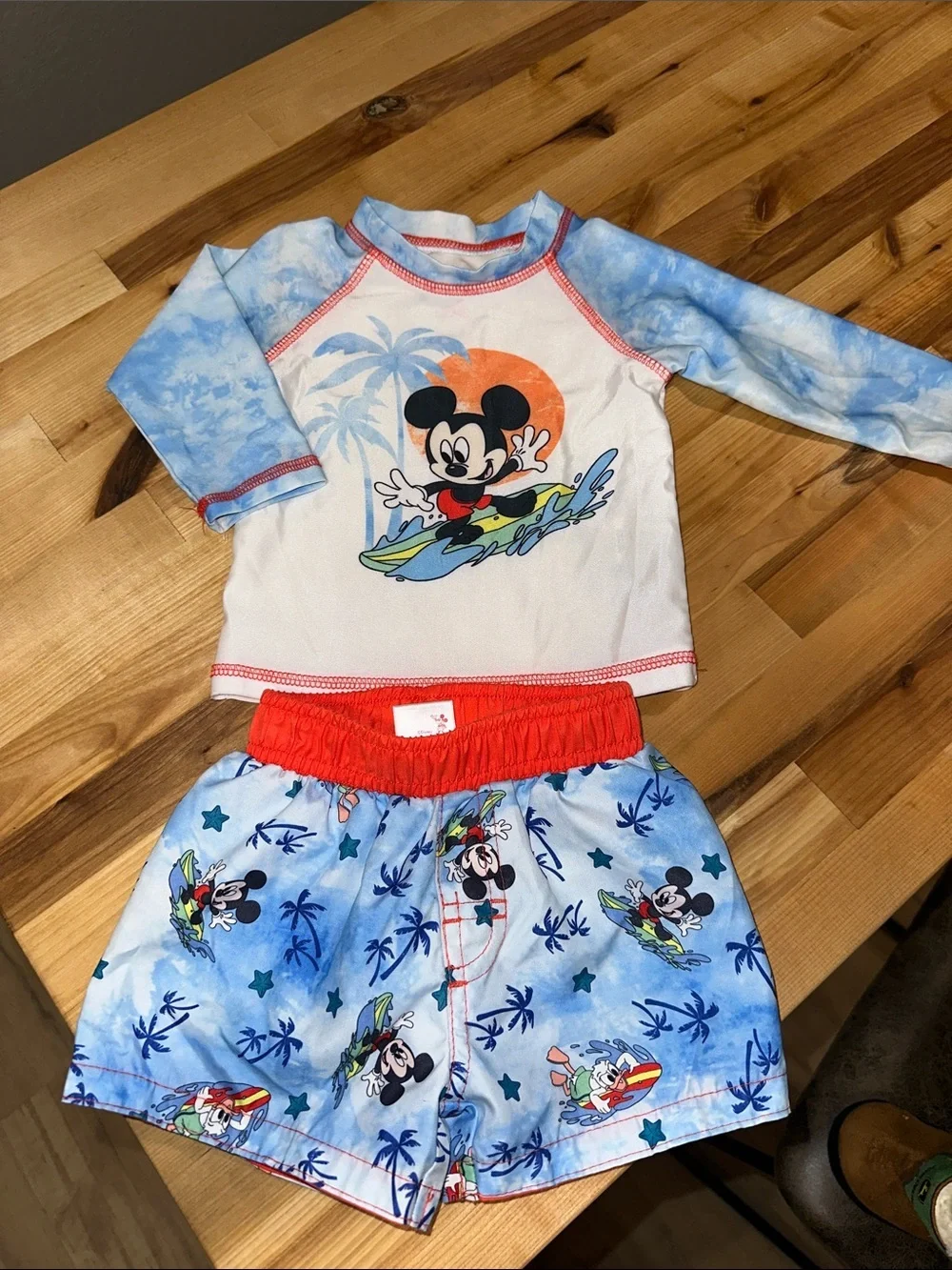 Disney Kids Surf Mickey Swim Trunks and Rash Guard in Blue, White & Red
